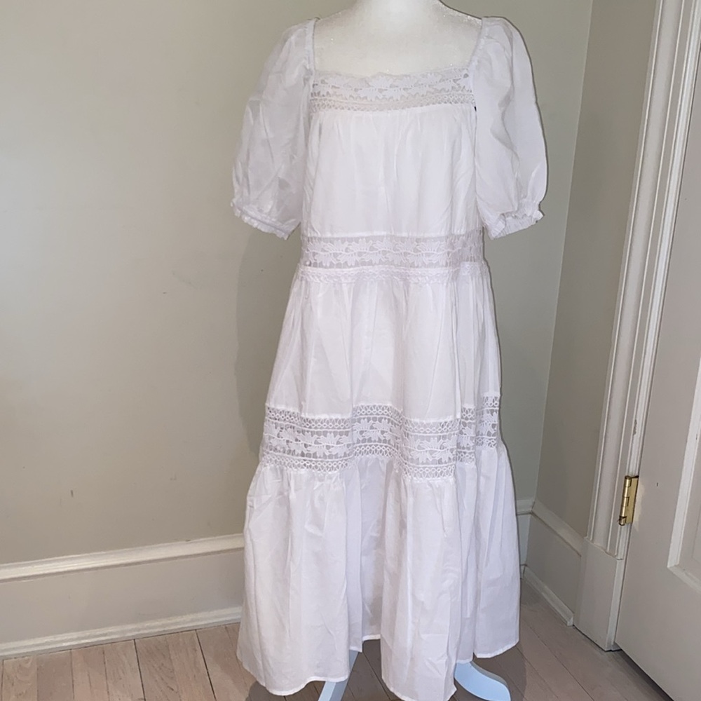 NWT Hale Bob white cotton eyelet lace inset puff sleeve popover midi dress Sz S